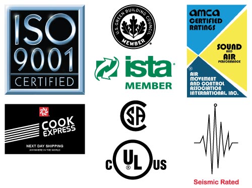 ISO 9001, US-Green, AMCA Sound & Air, CSA, US-C-UL, and Seismic Logos